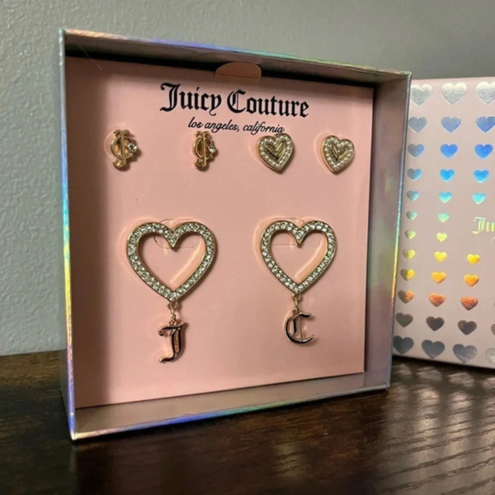 Juicy Couture Heart Stud Earrings Set of 3 Gold Tone Crystal Pearl NWT